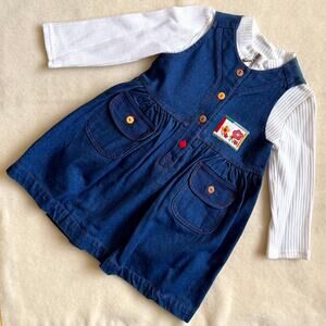 Vintage 90s Piano Kids Fashion Jumper Dress & Shirt Set Girls 6 Denim Floral